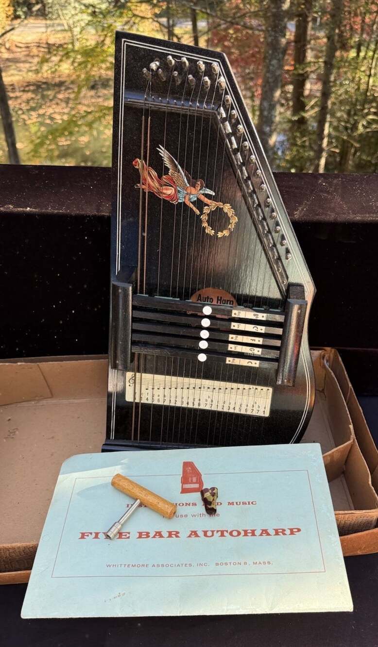 Vintage Germany Autoharp Chord Harp Angel W Gold Wreath In Original Box W Music